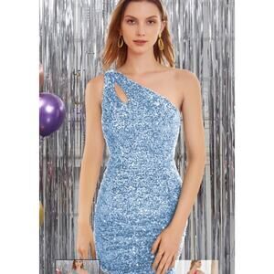 Loyeloy Light Blue Velvet One Shoulder Mini Sequin Dress Cut Out Homecoming XS
